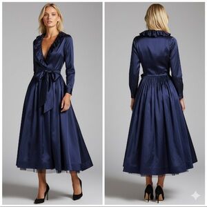 Henri Bendel+Catherine Regehr 100% Silk Ruffle Sami Wrap Dress Navy Lined Sz XS